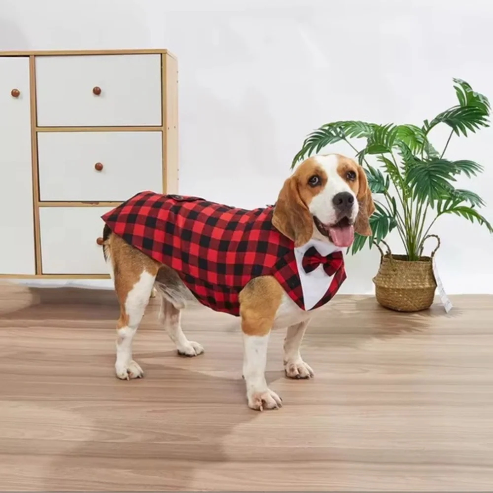 Red and Black Plaid Dog Tuxedo with Bow Tie Size XXL